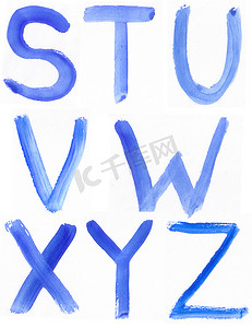 手写艺术字摄影照片_手写的蓝色水彩 ABC 字母表