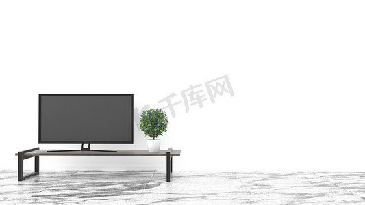 电视，白色墙壁背景上的空房间石地板。 