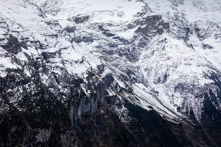 少女峰山的岩石悬崖被雪覆盖。