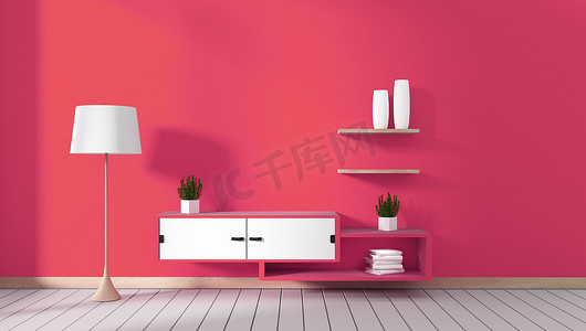 红色现代房间的电视柜，最小的设计，禅宗风格。 