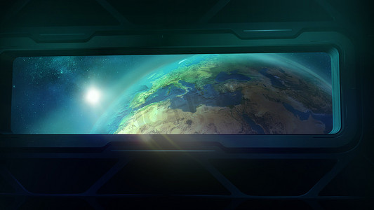 从宇宙飞船的舷窗看地球，3D 渲染
