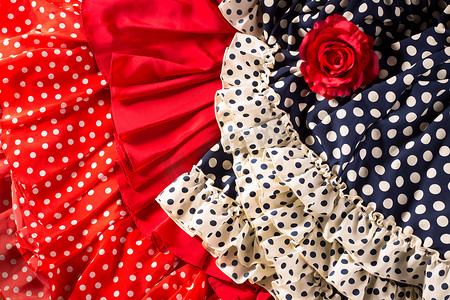 弗拉门戈舞摄影照片_带斑点和红玫瑰的红蓝色弗拉门戈舞裙