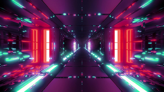 未来主义金属科幻空间隧道走廊 3d 插图墙纸背景发光灯和反射