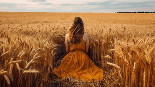 一个穿着裙子的女人背坐在肥沃的麦田里