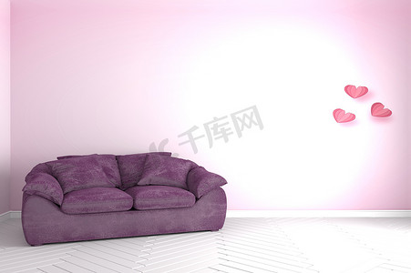 粉色墙壁摄影照片_客厅里的粉色扶手椅，粉色墙壁 — 粉色风格，3d 渲染