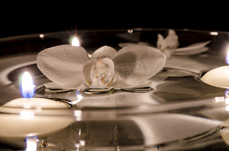 漂浮在水的白色兰花和蜡烛