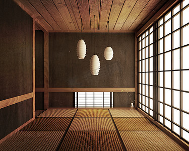 日本陈列室和榻榻米垫地板.3D 渲染
