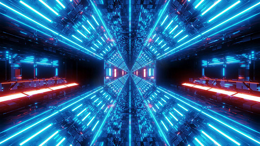 未来派科幻空间机库隧道走廊与无尽的发光灯 3d 插图 3d 渲染壁纸背景