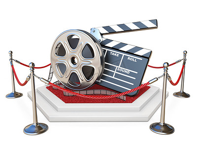 影评摄影照片_带红地毯 3D 的讲台上的电影卷轴和拍板