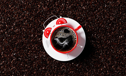 一杯闹钟形状的咖啡，3d 渲染