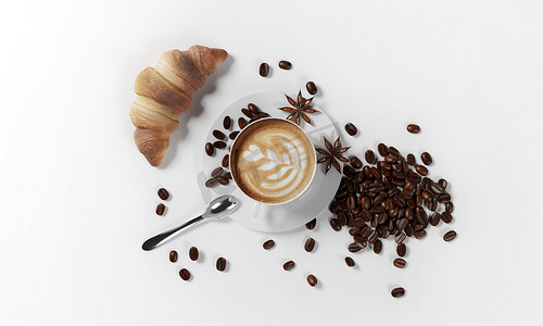 咖啡杯3d摄影照片_一杯加咖啡豆的咖啡，3d 渲染