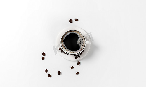 一杯加咖啡豆的咖啡，3d 渲染