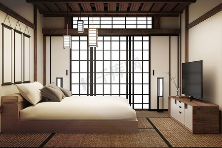 卧室，日式卧室内部有灯和智能电视。 