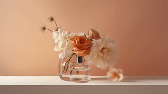 香水瓶三视图摄影照片_花瓶里有一束花，桌上有一瓶香水