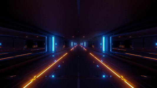 未来派科幻隧道走廊建筑与热金属 3d 插图壁纸背景