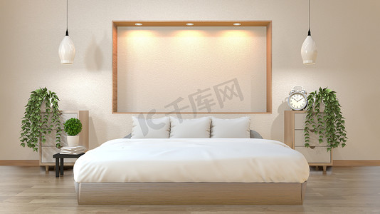 卧室落地灯摄影照片_带床、低桌、橱柜和 w 的日式模拟卧室