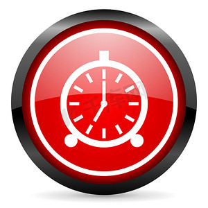 定时器图标摄影照片_白色背景上的闹钟圆形红色光泽图标