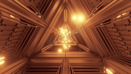 发光的球体粒子飞过三角形空间隧道走廊 3d 插图背景壁纸图形艺术品