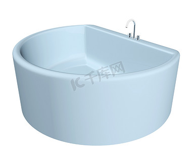 带不锈钢固定装置的白色半圆形现代浴缸，与白色背景隔离