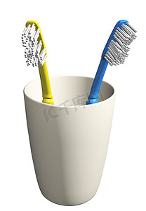 两把牙刷放在一个简单的玻璃杯中，3D 插图，与白色背景隔离。