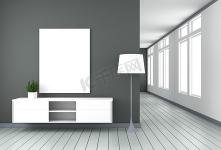 黑色现代房间的电视柜，简约的设计，禅宗风格。 