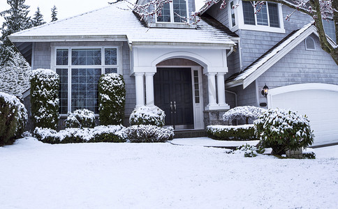 雪屋顶摄影照片_房子和院子上的雪