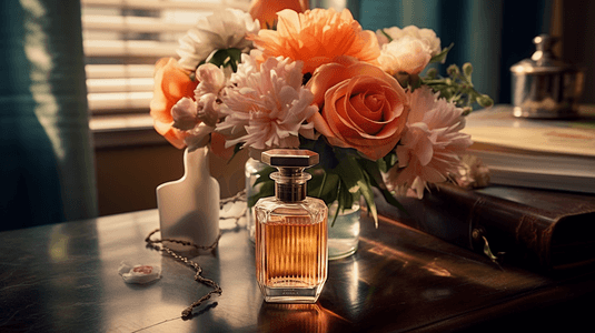 香水钻展摄影照片_花瓶里有一束花，桌上有一瓶香水