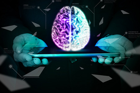 在彩色背景下用智能手机展示大脑的人