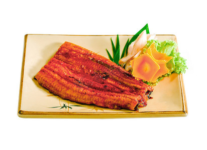 烤鳗鱼日本料理菜单在菜上展示亚洲风味