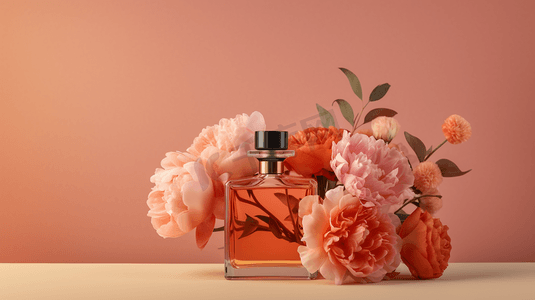 花瓶里有一束花，桌上有一瓶香水