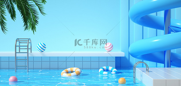 夏日底纹背景图片_蓝色夏天简约泳池场景c4d