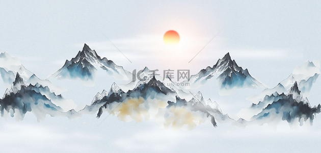 中式水墨古风背景图片_蓝色中国风水墨山水高清背景