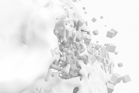 纯度溅牛奶与飞行立方体，3d 渲染。