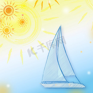 黄色太阳和蓝色小船的夏日背景
