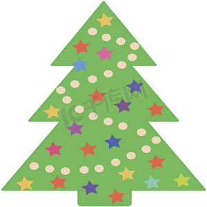 圣诞节红色卡通摄影照片_圣诞云杉和新年树装饰着花环和球、丝带和白色背景中突显的金属丝卡通，插图