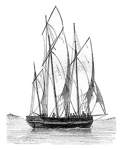 刻绘图摄影照片_帆船宽阔的范围，从右舷四分之一看到，复古 engra