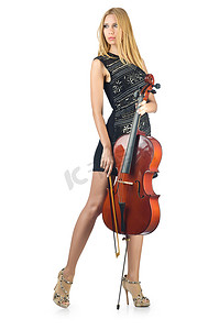 大提琴摄影照片_白色大提琴女表演者