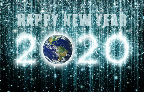 新年标题摄影照片_2020 年新年快乐 - 地球和星星 - 3D 插图