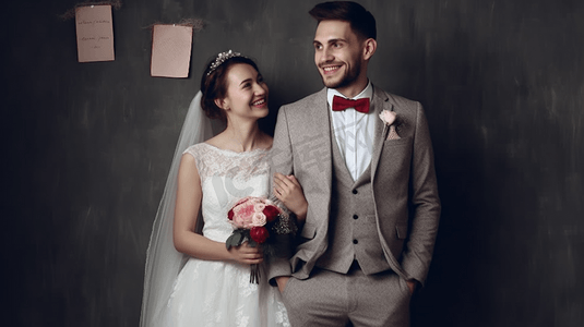 浪漫新娘海报摄影照片_怀着红色空白格的新娘年轻