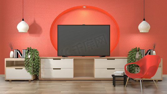 日式房间的电视，装饰有珊瑚色自墙 des