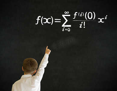 举起有数学等式的回答男孩商人