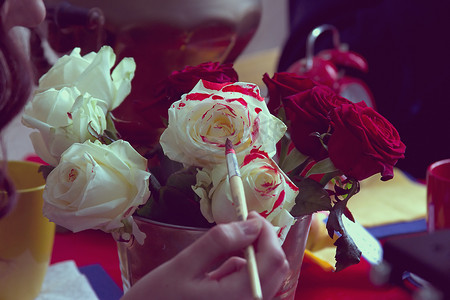 玫瑰红摄影照片_女人画白玫瑰红漆