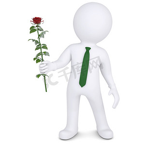 红色背景立体背景摄影照片_3d 立体人拿着一朵白玫瑰