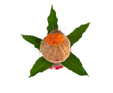 带椰子和芒果叶的铜卡拉什，白色背景上有花卉装饰。