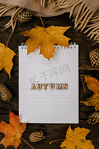 秋天的黄叶摄影照片_白色空白笔记本和钢笔，上面写着木制字母，深色背景上写着秋天这个词，上面有围巾、格子花呢和杯子、秋天的黄叶和松果。