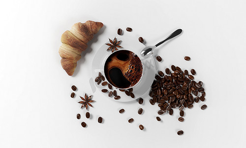 一杯加咖啡豆的咖啡，3d 渲染