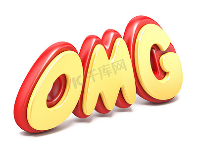 omg买它摄影照片_Word OMG 在地面反射 3D 上扭曲了红色和黄色塑料