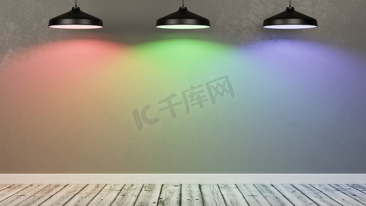 由 RGB 灯照明的空房间的墙壁