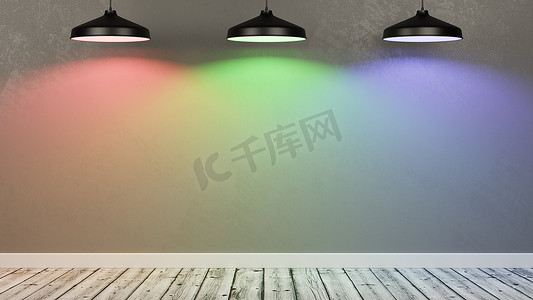 红色的墙壁摄影照片_由 RGB 灯照明的空房间的墙壁