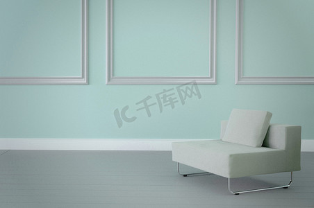 扶手椅摄影照片_简约的内饰，浅蓝色墙壁上的白色扶手椅。 